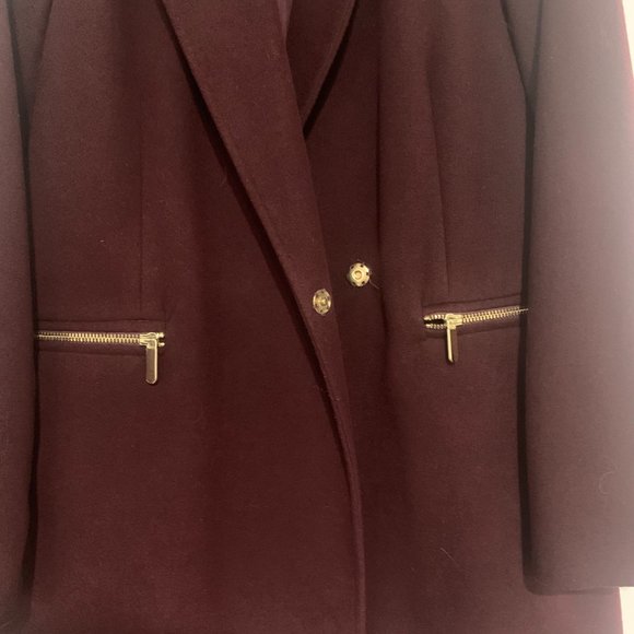 Topshop Petite Burgundy Brown Gold Zipper Pockets Wool Blend Coat - Size 10 - Picture 3 of 7